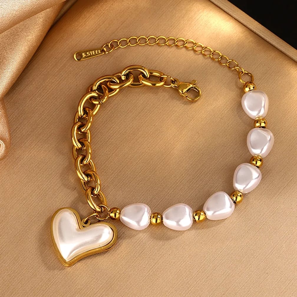 Pearl & Heart Charm Stainless Steel Bracelet