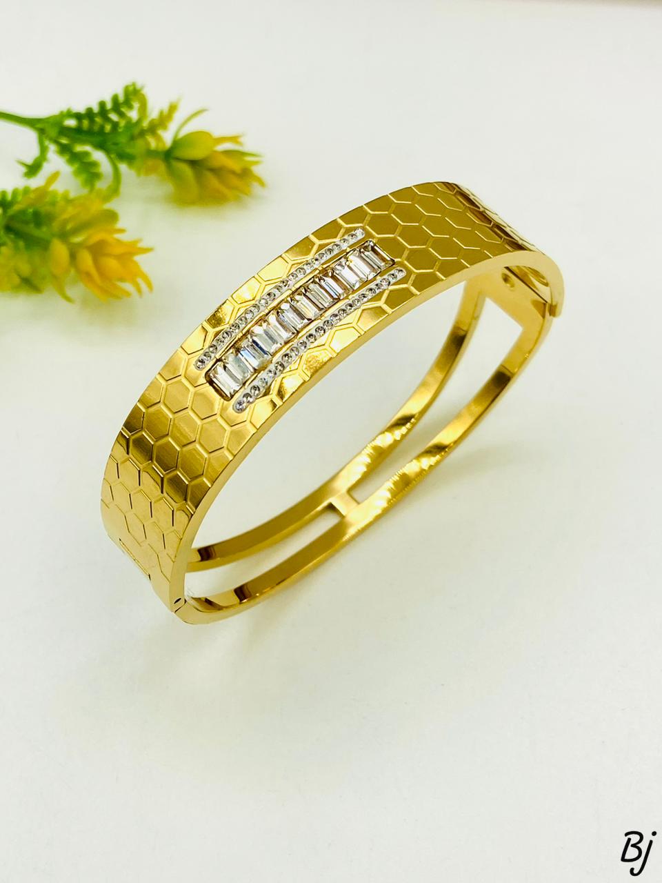 Honeycomb Pattern Gold Bangles with Gemstones