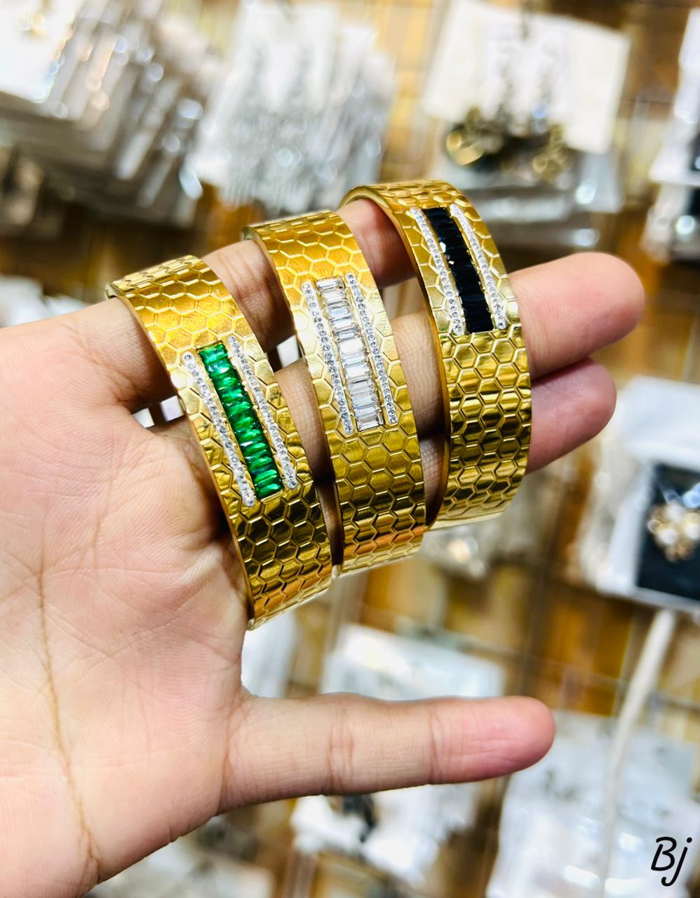 Honeycomb Pattern Gold Bangles with Gemstones