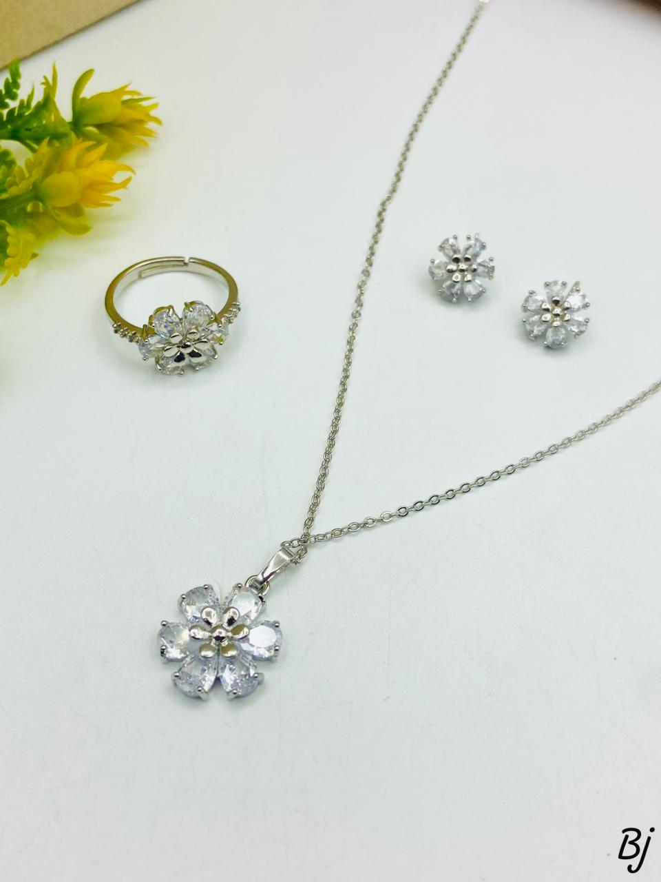 Elegant Flower Jewelry Set - Necklace, Earrings & Ring