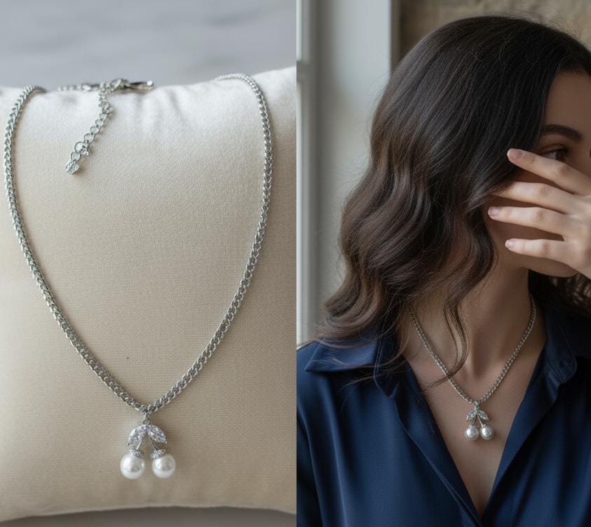 Elegant Necklace with the two White Pearls and Crystal Leaf Design