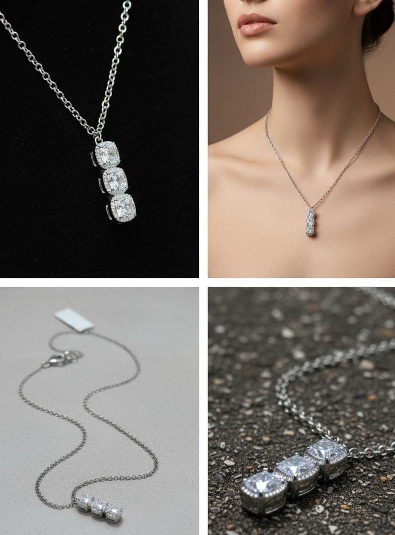 Trilogy Pendant Necklace with the Three Cushion-Cut Crystals