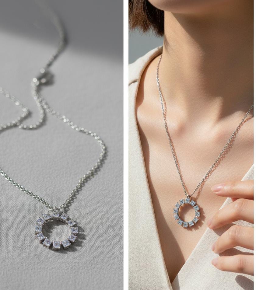 Beautiful Silver Crystal Circle Pendant Necklace