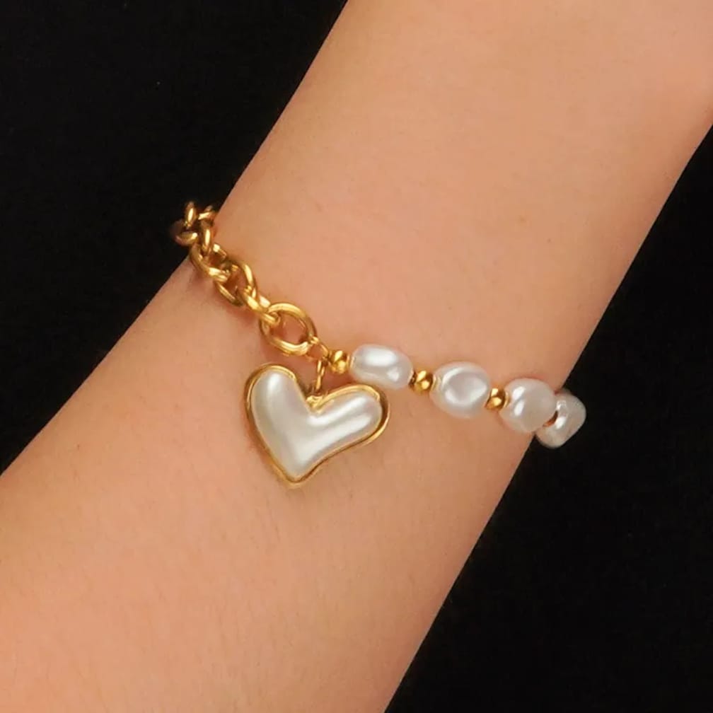 Pearl & Heart Charm Stainless Steel Bracelet