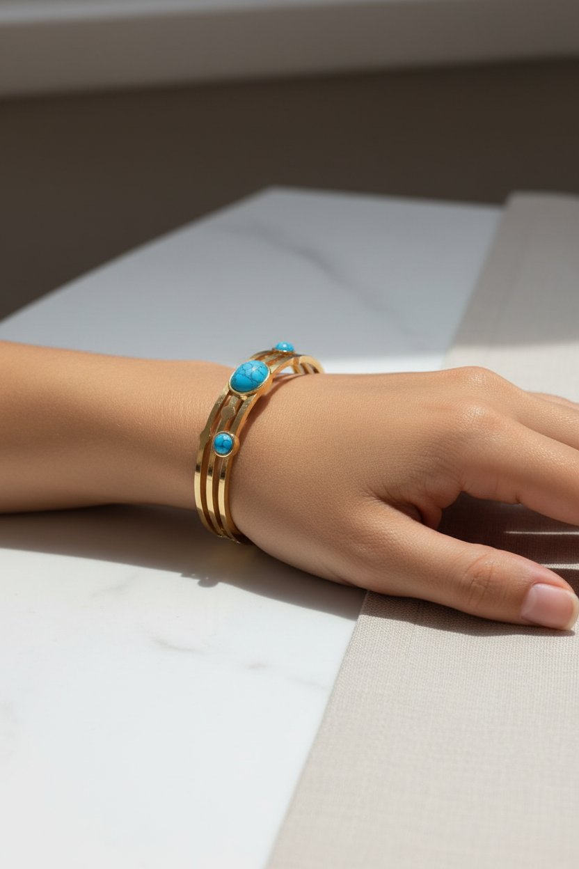 Gold Cuff Bracelet with the Turquoise Stone Accent