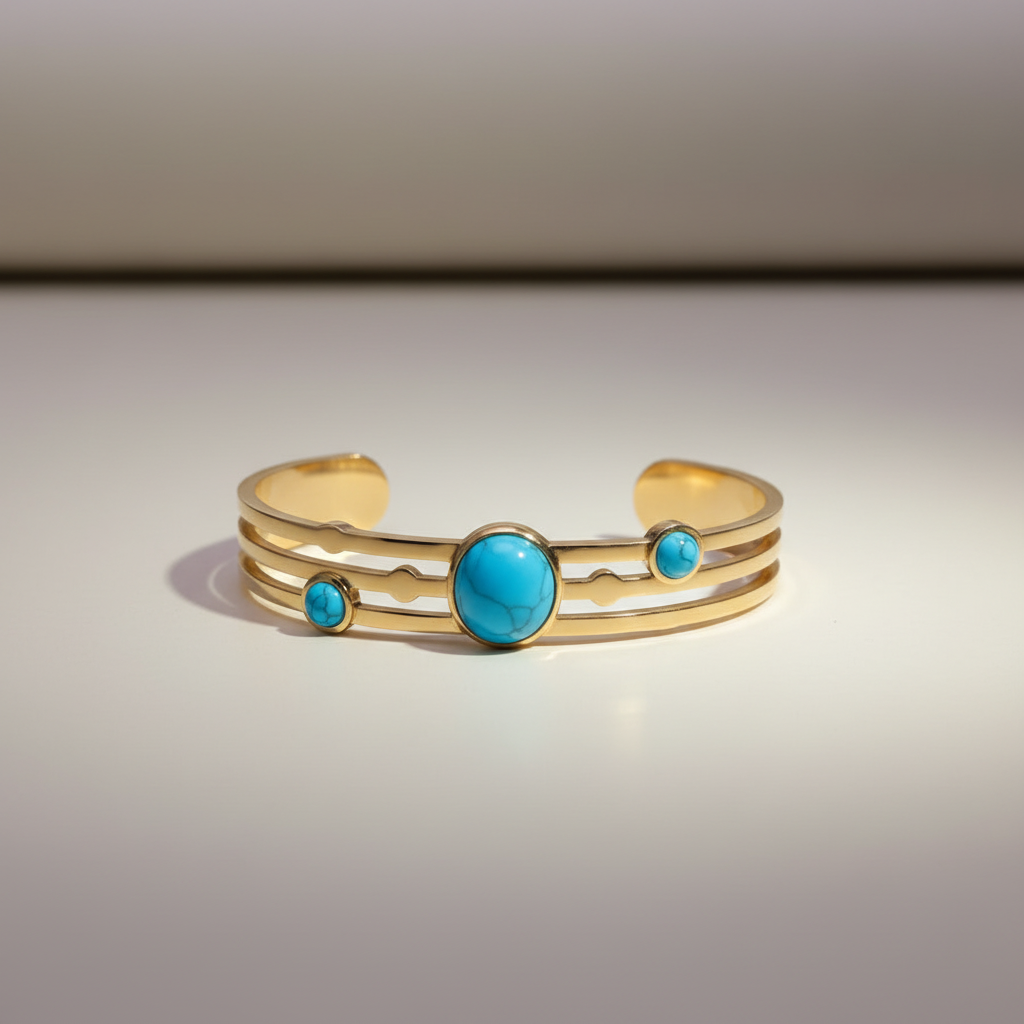 Gold Cuff Bracelet with the Turquoise Stone Accent