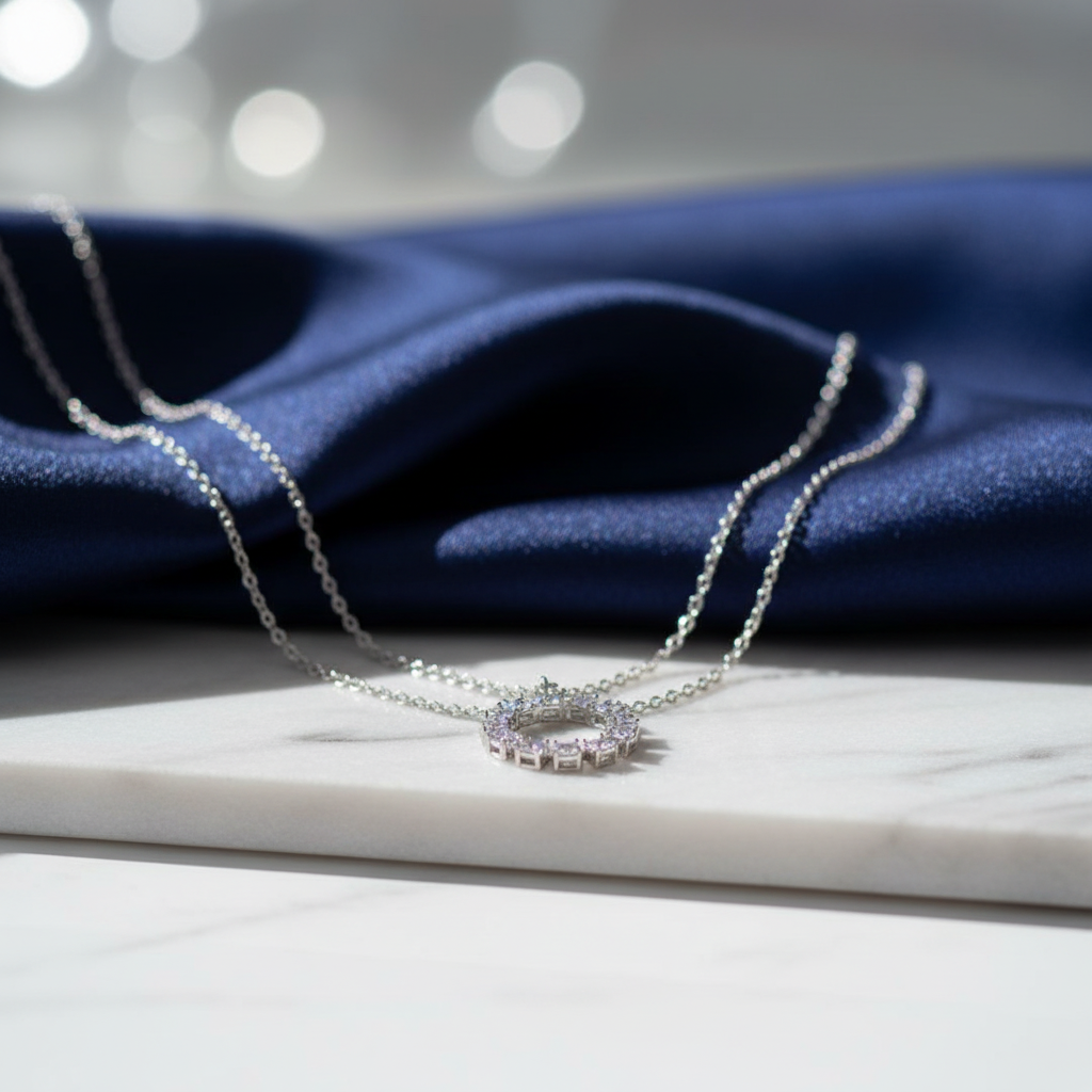 Beautiful Silver Crystal Circle Pendant Necklace