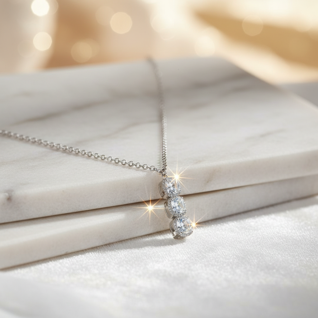 Trilogy Pendant Necklace with the Three Cushion-Cut Crystals